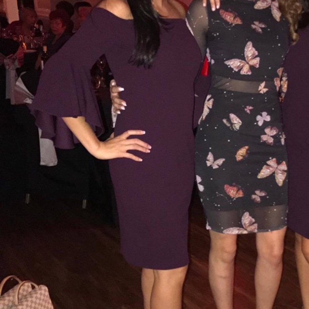 Burgundy, off the shoulder with Bell Sleeves Calvin Klein Cocktail Dress.